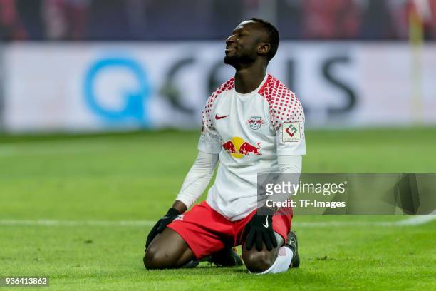 Naby Keita of Leipzig looks on during the Bundesliga match between RB Leipzig and FC Bayern Muenchen at Red Bull Arena on March 18, 2018 in Leipzig,...