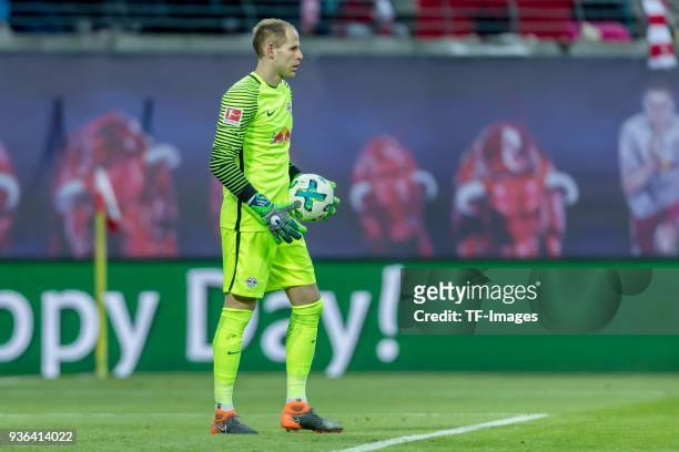 Goalkeeper Peter Gulacsi of Leipzig controls the ball during the Bundesliga match between RB Leipzig and FC Bayern Muenchen at Red Bull Arena on...