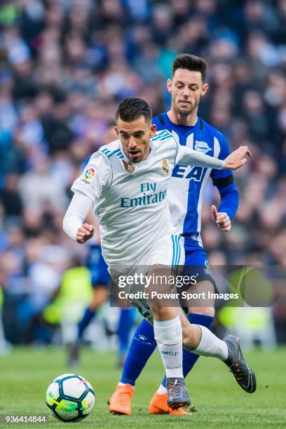 Daniel Ceballos Fernandez, D Ceballos , of Real Madrid fights for the ball with Jorge Franco Alviz, Burgui, of Deportivo Alaves during the La Liga...