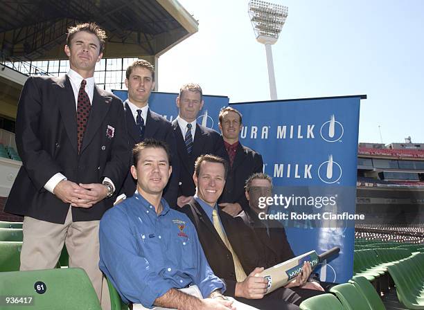 Greg Blewett, Simon Katich,Paul Reiffel, Wade Secombe, Ricky Ponting, Kieren Perkins, and Brad Haddin during the launch for the 2001/2002 Pura Cup...