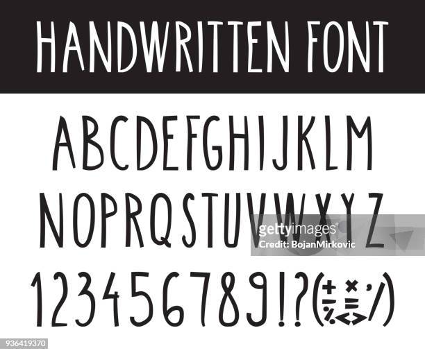 handwritten lettering font alphabet with punctuation marks and numbers. hand drawn. vector illustration. - ampersand stock illustrations