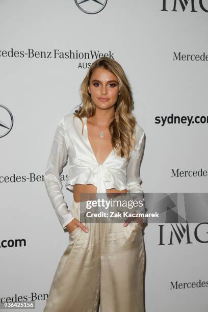 Julie Garland attends the MBFWA Resort 19 Red Carpet Launch on March 21, 2018 in Sydney, Australia. The MBFWA Resort 19 Red Carpet Launch on March...