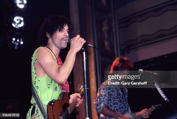 American musician Prince and guitarist Dez Dickerson performing at the Ritz club in the East Village neighbourhood of New York City, during Prince's...