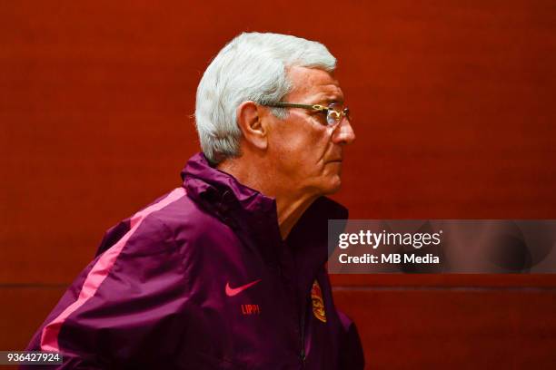 Head coach Marcello Lippi of the Chinese national men's football team attends a press conference before the semi-final match against Wales during the...