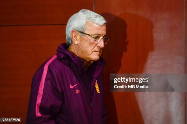 Head coach Marcello Lippi of the Chinese national men's football team attends a press conference before the semi-final match against Wales during the...