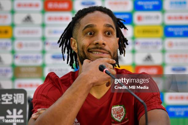 Ashley Williams of Wales national football team attends a press conference before the semi-final match against China during the 2018 Gree China Cup...