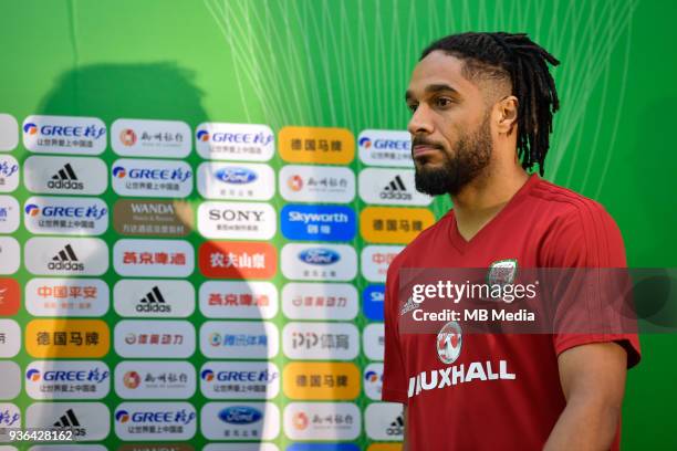 Ashley Williams of Wales national football team attends a press conference before the semi-final match against China during the 2018 Gree China Cup...