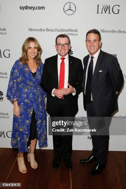 Natalie Xenita, Adam Marshall, Chris Gilbert attend the MBFWA Resort 19 Red Carpet Launch on March 21, 2018 in Sydney, Australia.