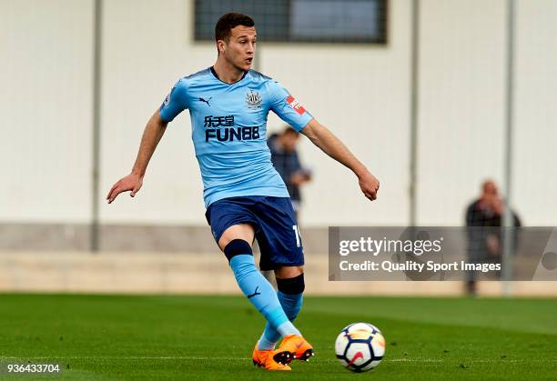 Javier Manquillo of Newcastle kicks the ball during the friendly match between Newcastle United and Royal Antwerp FC at Pinatar Arena on March 18,...