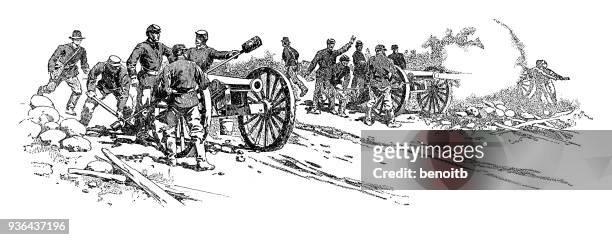 ilustrações, clipart, desenhos animados e ícones de soldados da união, disparando canhões - campo de batalha