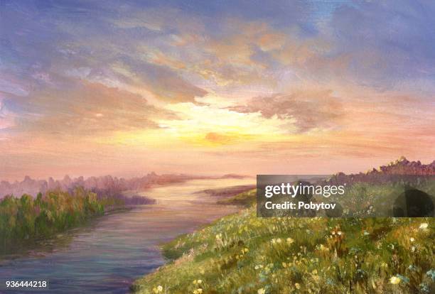 stockillustraties, clipart, cartoons en iconen met zomer zonsondergang, olieverfschilderij - paintings