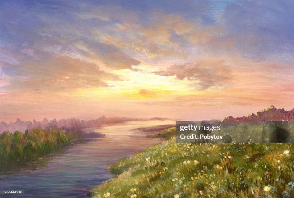 Summer sunset, oil painting
