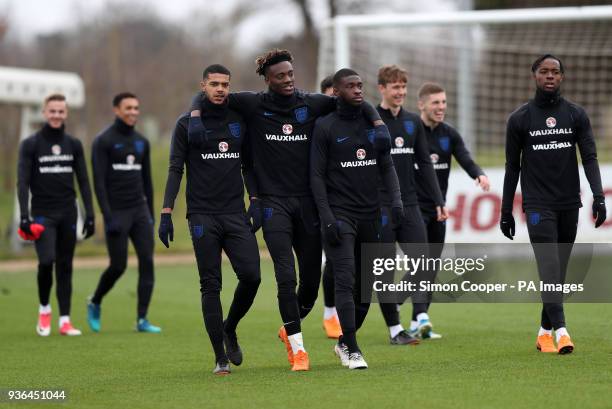 England's Jake Clarke-Salter, Tammy Abraham and Fikayo Tomori during a training session at St Georges' Park, Burton.