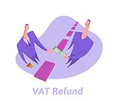 VAT return concept. A person is refunded VAT for purchases at the state border. Flat vector illustration isolated on white background.