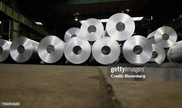 Rolls of steel sit in storage ahead of shipping from the Salzgitter AG plant in Salzgitter, Germany, on Thursday, March 22, 2018. The European Union...