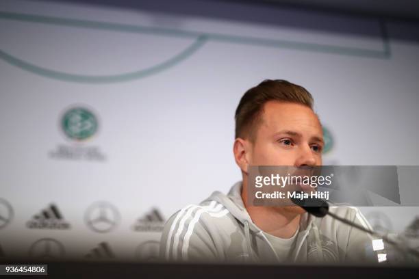 Marc-Andre ter Stegen attends a Germany press conference ahead of their international friendly match against Spain at Hilton Hotel on March 22, 2018...