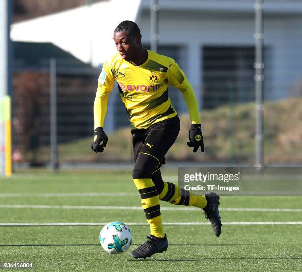 Denzeil Boadu of Dortmund controls the ball during the Friendly match between Borussia Dortmund II and SC Westfalia Herne at Stadion Rote Erde on...