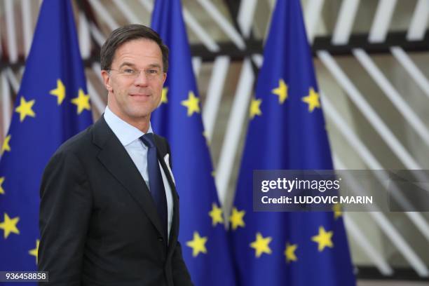 Netherland's Prime minister Mark Rutte arrives on the first day of a summit of European Union leaders at the EU headquarters in Brussels, on March...