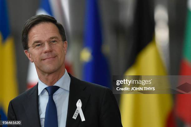 Netherland's Prime minister Mark Rutte arrives on the first day of a summit of European Union leaders at the EU headquarters in Brussels, on March...