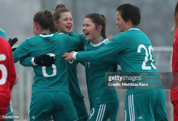 Anna Aehling of Germany jubilates with team mates after scoring the third goal during the UEFA U17 Girl's European Championship Qualifier match...