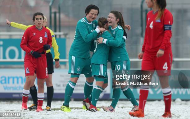 Vanessa Fudalla of Germany jubilates with team mates after scoring the fourth goal during the UEFA U17 Girl's European Championship Qualifier match...