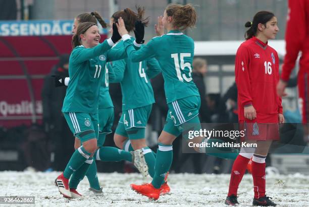 Vanessa Fudalla of Germany jubilates with team mate Lina Jubel after scoring the fourth goal during the UEFA U17 Girl's European Championship...