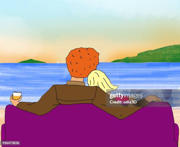 couple enjoying the scenery from home - young couple thinking stock illustrations