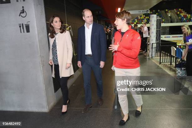 Britain's Prince William, Duke of Cambridge and Britain's Catherine, Duchess of Cambridge visit a SportsAid event held at the Copperbox Arena in the...