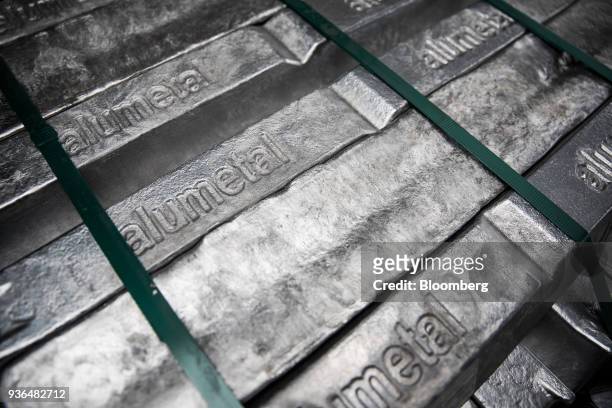Bound aluminum ingots sit in a warehouse ahead of shipping at the Alumetal Group Hungary Kft. Aluminium processing plant in Komarom, Hungary on...