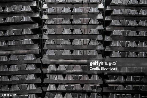 Bound aluminum ingots sit stacked in a warehouse ahead of shipping at the Alumetal Group Hungary Kft. Aluminium processing plant in Komarom, Hungary...