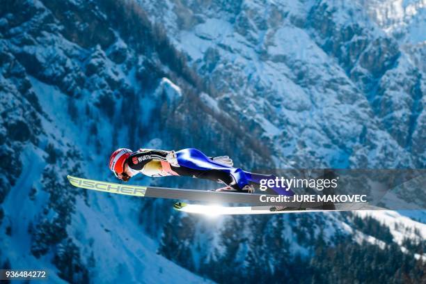 Germany's Markus Eisenbichler jumps during the men's Flying Hill Individual training round at the FIS Ski Jumping World Cup in Planica on March 22,...