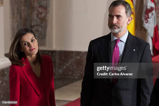 King Felipe VI of Spain and Queen Letizia of Spain attend The Commemoration of Capitulations of Valladolid at the Miguel Delibes Cultural Center on...