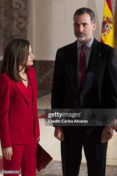 King Felipe VI of Spain and Queen Letizia of Spain attend The Commemoration of Capitulations of Valladolid at the Miguel Delibes Cultural Center on...