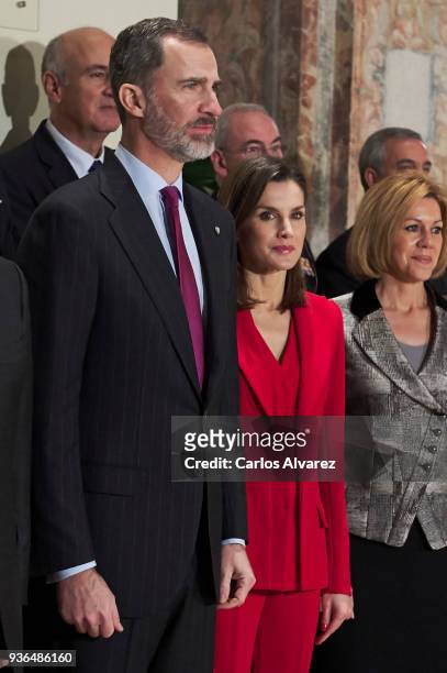 King Felipe VI of Spain and Queen Letizia of Spain attend The Commemoration of Capitulations of Valladolid at the Miguel Delibes Cultural Center on...