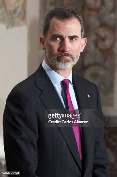 King Felipe VI of Spain attends The Commemoration of Capitulations of Valladolid at the Miguel Delibes Cultural Center on March 22, 2018 in...