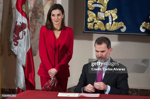 King Felipe VI of Spain and Queen Letizia of Spain attend The Commemoration of Capitulations of Valladolid at the Miguel Delibes Cultural Center on...