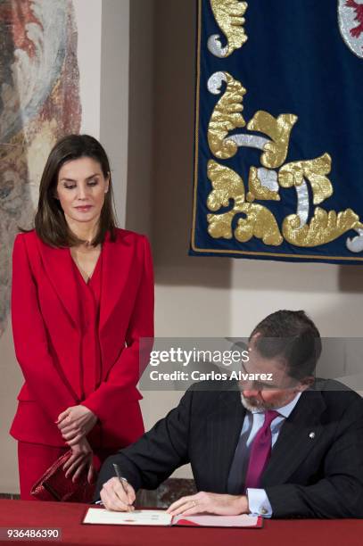 King Felipe VI of Spain and Queen Letizia of Spain attend The Commemoration of Capitulations of Valladolid at the Miguel Delibes Cultural Center on...