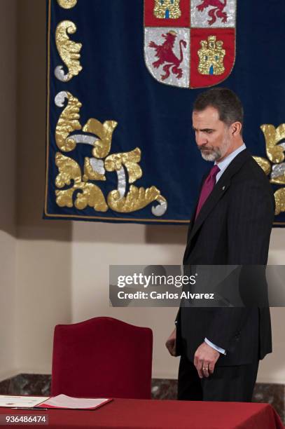 King Felipe VI of Spain attends The Commemoration of Capitulations of Valladolid at the Miguel Delibes Cultural Center on March 22, 2018 in...