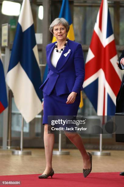 British Prime Minister, Theresa May arrives at the Council of the European Union for the first day of the European Council leaders' summit at the...