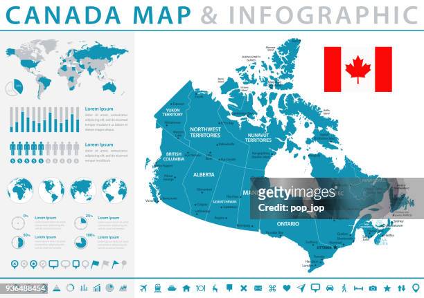 map of canada - infographic vector - canadian maple leaf icon stock illustrations
