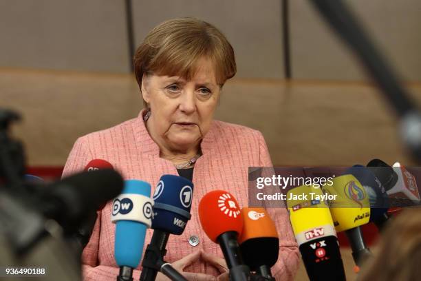 German, Federal Chancellor, Angela Merkel arrives at the Council of the European Union for the first day of the European Council leaders' summit at...