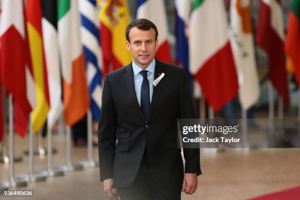 French President, Emmanuel Macron arrives at the Council of the European Union for the first day of the European Council leaders' summit at the...