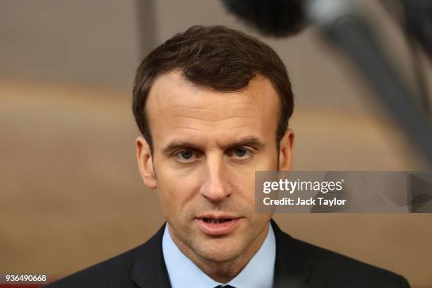 French President, Emmanuel Macron arrives at the Council of the European Union for the first day of the European Council leaders' summit at the...