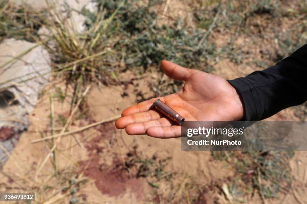 Blood is seen on the scene of a gun battle during an operation to arrest the main suspect in an assassination attempt against Palestinian Prime...