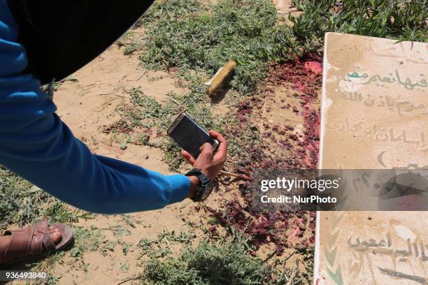 Blood is seen on the scene of a gun battle during an operation to arrest the main suspect in an assassination attempt against Palestinian Prime...