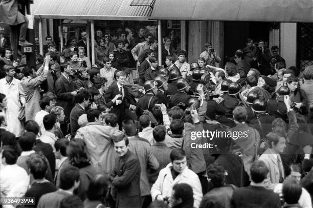 French student demonstrators clash with the police forces in Paris 06 May 1968 during the May-June events 1968 in France. The forbidden demonstration...