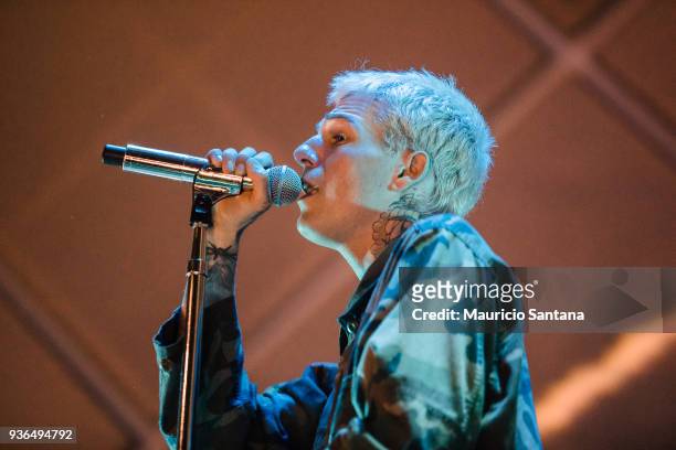 Jesse Rutherford singer of the band The Neighbourhood performs live on stage at Cine Joia on March 21, 2018 in Sao Paulo, Brazil.