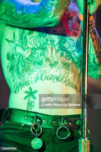 Tattoo detail of Jesse Rutherford singer of the band The Neighbourhood performs live on stage at Cine Joia on March 21, 2018 in Sao Paulo, Brazil.