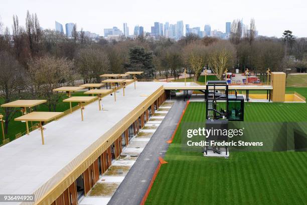 The new stands at the Hippodrome de Longchamp on March 22, 2018 in Paris, France. The iconic Parisian Longchamp racecourse was built in 1857 and...