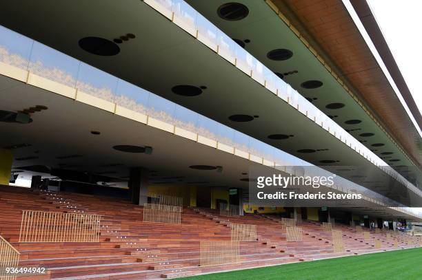 The new stands at the Hippodrome de Longchamp on March 22, 2018 in Paris, France. The iconic Parisian Longchamp racecourse was built in 1857 and...
